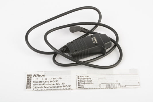 MINT- GENUINE NIKON MC-30 REMOTE CORD, TESTED, WORKS GREAT w/INSTRUCTIONS