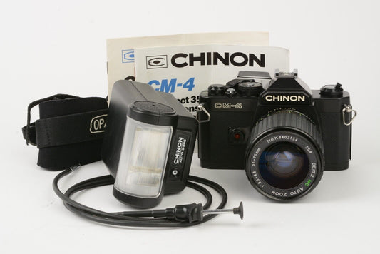 EXC++ CHINON CM-4 35mm BODY w/35-75mm F3.5-4.8, FLASH, STRAP, MANUALS, NEW SEALS