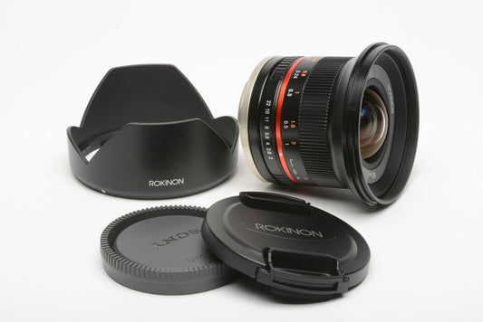 MINT- ROKINON 12mm f2 NCS CS E LENS FOR SONY E-MOUNT w/CAPS, HOOD, VERY CLEAN