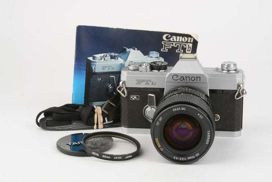 Canon FTb QL 35mm SLR w/28-70mm zoom lens, strap, cap, new seals +UV++