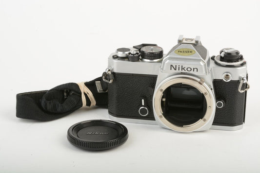 Nikon FE Chrome 35mm Body, Cap, Strap, New Seals, Accurate, Gently Used