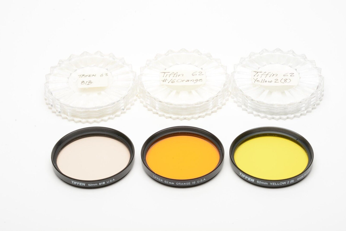 EXC+++ 62mm TIFFEN B&W CONTRAST FILTERS: YELLOW+ORANGE+81B WARM, BARELY USED