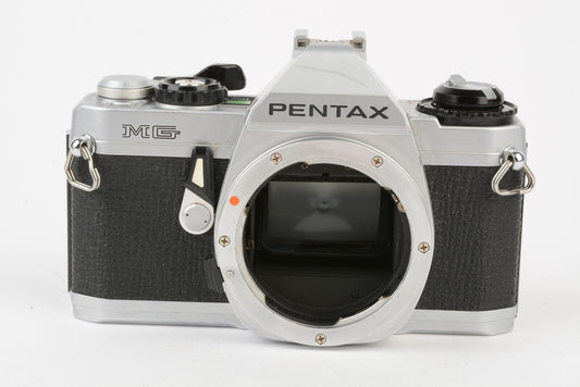 EXC++ PENTAX MG 35mm SLR CHROME BODY, STRAP+CAP+NEW SEALS, NICE