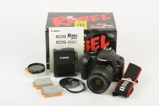 Canon EOS Rebel XS DSLR w/18-55mm f3.5-5.6 IS 2 batts UV + Pola, Only 7439 Acts.