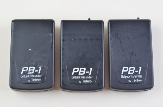 3X TELEX PB-1 TRANSMITTER BELT PACKS w/LEATHER HOLDERS, MIC, SYNC