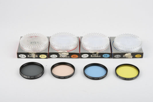 NEW SET OF 4 KENKO 55mm FILTERS YELLOW, WARM, BLUE AND POLARIZING