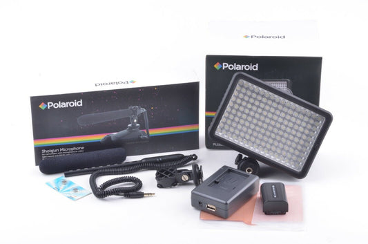 MINT- POLAROID ELITE 160 LED VIDEO LIGHT + SHOTGUN MICROPHONE PLMICPRO18 COMBO