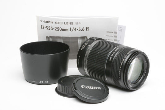 Canon EF-S 55-250mm f4-5.6 IS zoom lens, caps, lens hood, manual, very clean