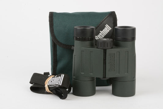 EXC++ BUSHNELL 10x25 TROPHY COMPACT BINOCULARS, BLACK, IN CASE + STRAP