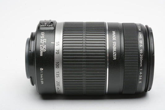 Canon EF-S 55-250mm f4-5.6 IS zoom lens, caps, lens hood, manual, very clean