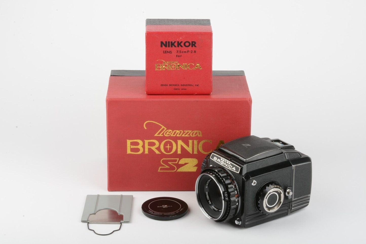 EXC++ BRONICA S2 LATE BLACK w/NIKKOR 75mm F2.8 LENS, BOXES, MANUAL, CAPS, GREAT!