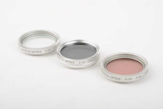 MINT- SET OF 3 CRYSTAL OPTICS 30mm FILTER SET:  F-DL, POLARIZING, UV, IN CASE