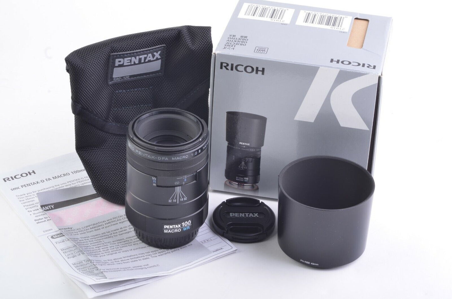 Pentax Ricoh D FA 100mm WR macro lens, hood, case, USA papers