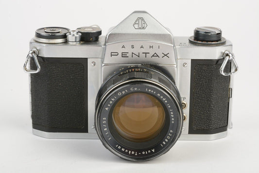 Pentax S3 chrome 35mm SLR w/55mm Takumar f1.8 lens, case, 20" CR, new seals