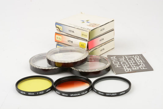 SET OF 3 MINT HOYA 55mm FILTERS, BOXED+JEWEL CASE, GRAD TOBACCO, K2 YELLOW, DIFF