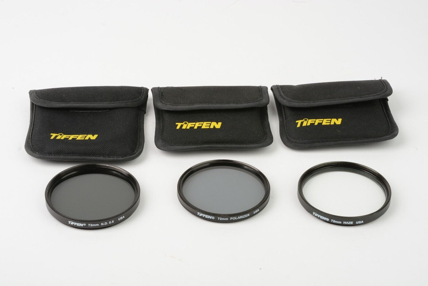 EXC++  3X TIFFEN 72mm FILTERS IN POUCHES:  UV, POLA, ND6, NICE & CLEAN