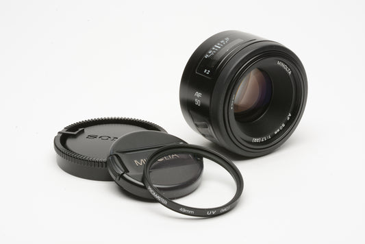 Minolta Maxxum AF 50mm f1.7 prime lens, caps, Sony A-mount