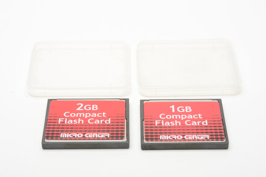 Bundle of 2 Micro Center Flash Cards CF cards (1GB & 2GB)