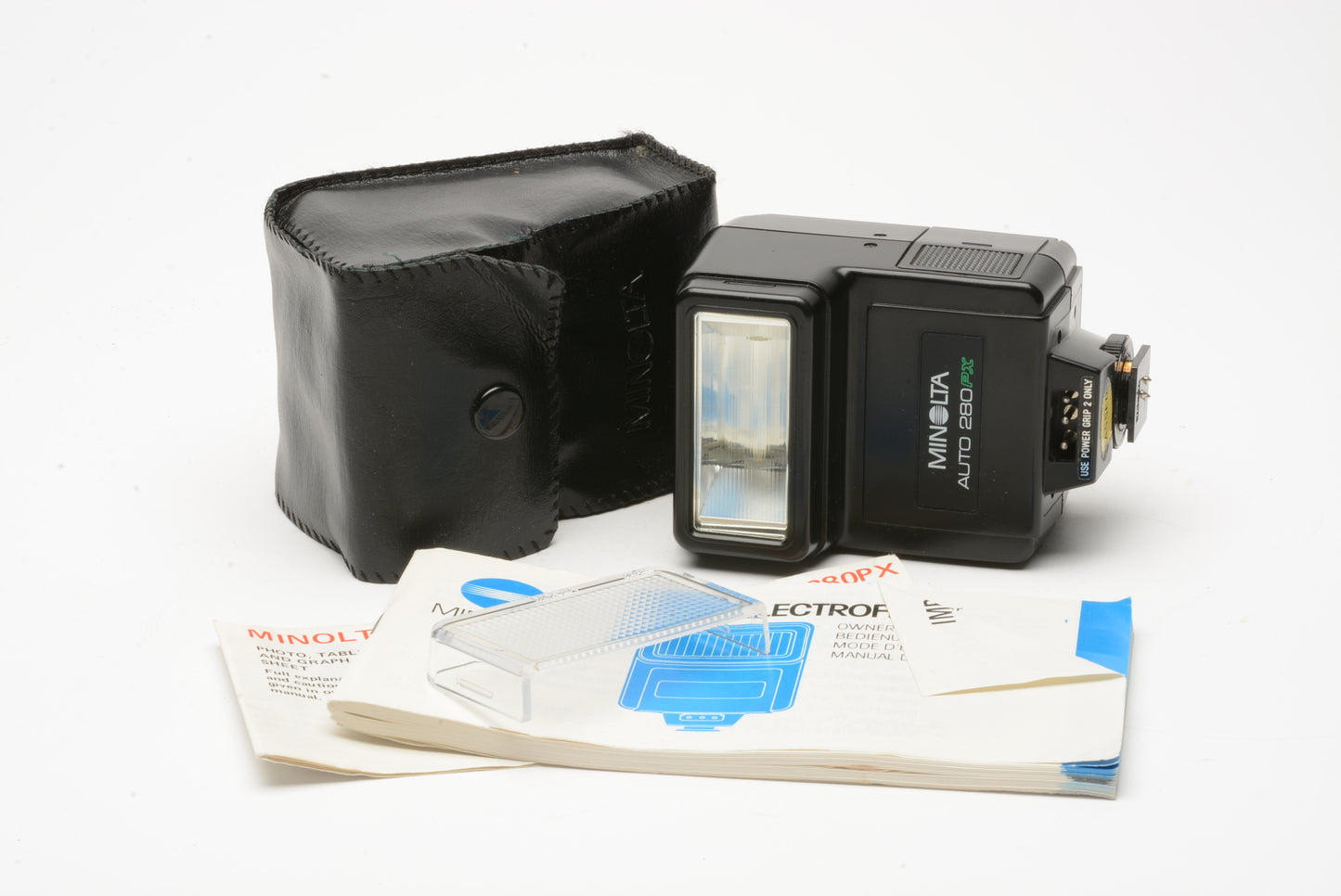 Minolta 280PX Dedicated TTL flash w/diffuser, manual, case, tested, very clean