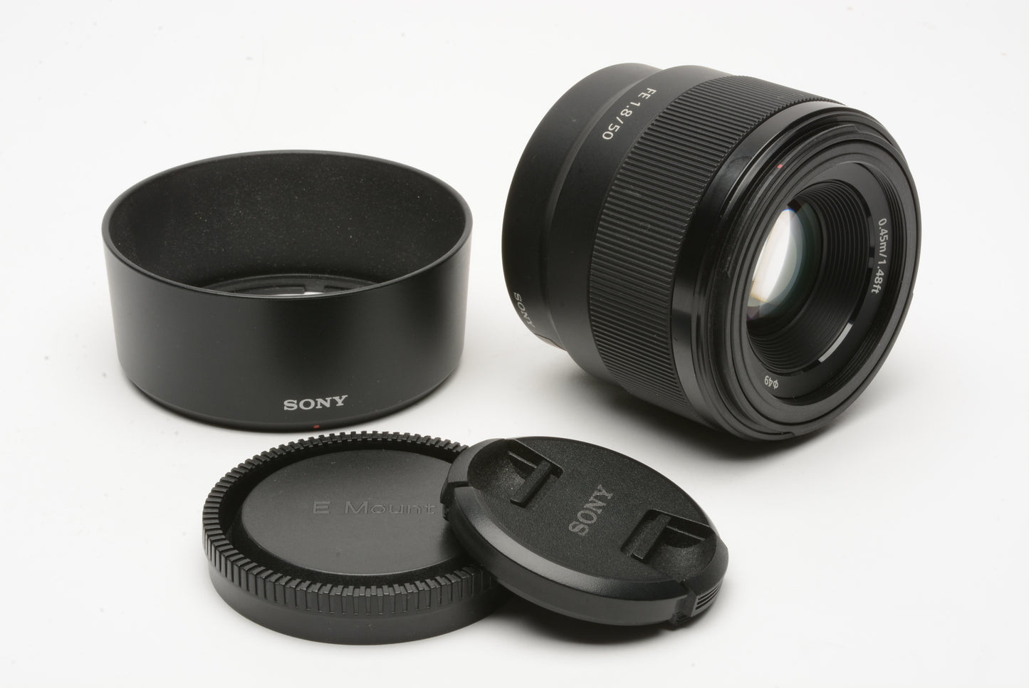 Sony 50mm f1.8 FE SEL50f18F Prime lens, caps+hood