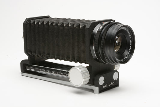 Minolta Macro 100mm f4 Rokkor-X lens w/Minolta Auto Bellows MD mount, very clean